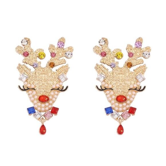 Christmas Reindeer Earrings with Colorful Rhinestones - Picture 1 of 3
